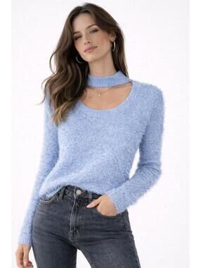 G by Giuliana Fuzzy Knit Scoop Neck Sweater Mock Turtleneck Detail Blue Medium